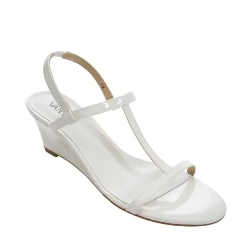 Vaneli Womens White Patent Leather Open Toe T Strap Wedge Sandals Sz 9 M New